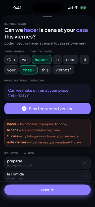 The before-send coach showing the corrected sentence