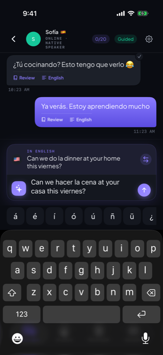 A BiloChat thread with a mixed Spanish and English draft in the composer