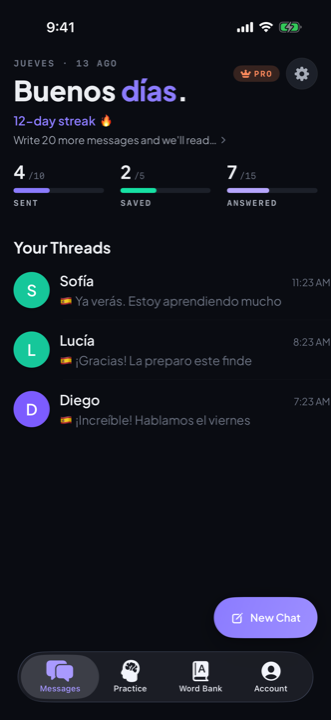 The BiloChat home screen listing your Spanish threads
