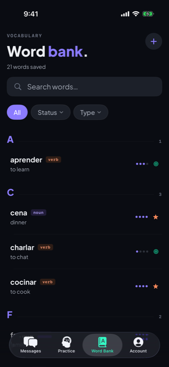The Word Bank list with per-word XP